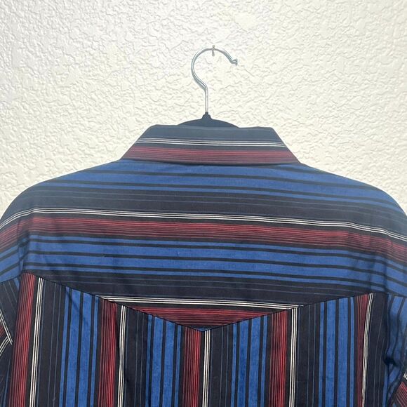Wrangler Western Dress Shirt Mens 17.5 Multicolor Striped Cotton Pearl Snap Blue - Picture 3 of 12
